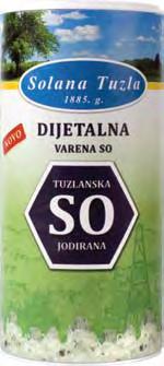 TUZLANSKA JODIRANA SO u novoj ambalaži i pakiranju od 100 grama je klasika među solima za jelo, najkvalitetnija so za tradicionalnu kuhinjsku upotrebu. Sadrži 2,25 grama kalijevog jodida.