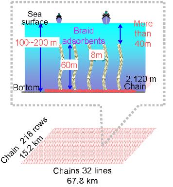 Şekil 5.2. Örgü toplama sisteminin şematik gösterimi Örgü şeklindeki adsorbanlar denize atıldıktan sonra, tabanından itibaren asılı vaziyette durmaktadırlar.