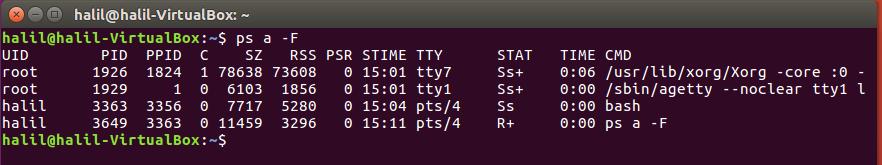 $ ps a -F a : Aynı tty ile sınırlama, Ama bir tty