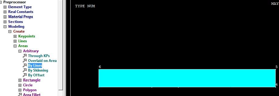 1.1.5 Line Oluşturulması Main Menu>Preprocessor>Modeling>Create>Lines>Straight Line komutuyla keypointlere tıklayarak istediğimiz çizgiyi oluştururulur.. 1.1.6 ALAN OLUŞTURULMASI Şekil 1.