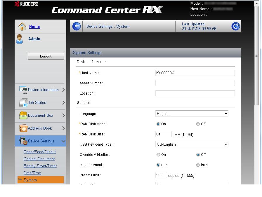 Ana ekrandaki [Device Information] > [Identification/Network] 3 Yönetici yetkileri ile giriş yapın.