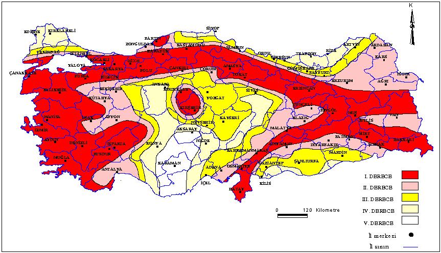 144 Şekil-1: Türkiye Deprem Bölgeleri Haritası (Afet İşleri Genel Müdürlüğü [web]) RİSK DERECESİ 1 2 3 4 5 YÜZÖLÇÜMÜ (KM2) 328.995 186.411 139.594 97.737 32.