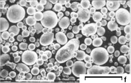 a) alüminyum, b) bakır (sıvı atomizasyonu), c) magnezyum, d) titanyum, e) demir, f) bakır (gaz atomizasyonu). Ölçü çizgileri 100 μm`u göstermektedir.