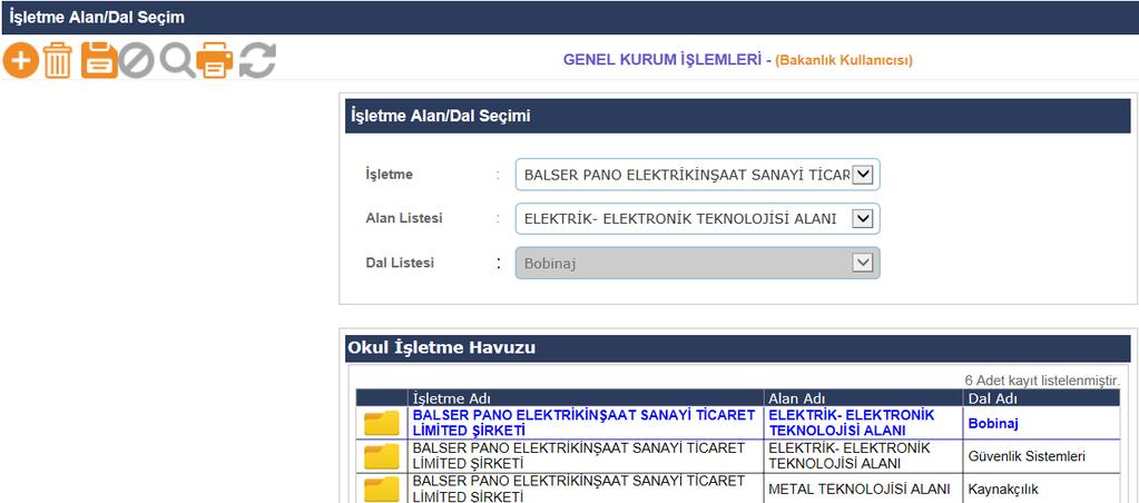 5. Adım; İşletme Alan/Dal Seçimi ekranından işletmeye hangi alanlarda/dallarda öğrenci gönderildiğine