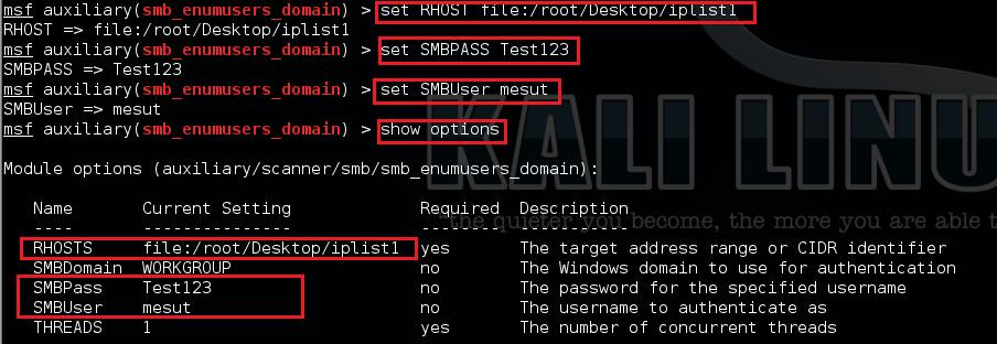 EK-E Parola ve Parola Özetleri Kullanlarak Bilgisayarda Eri³im Elde Etme 136 ekil E.15: Smb_Enumusers_Domain Ayarlarnn Yaplmas Modülü çal³trmak için run veya exploit komutu verilir. ekil E.16 üzerinde görüldü ü gibi 192.