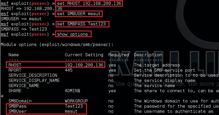 Öncelikle görüldü ü üzere ayarlara kullanc bilgilerinin girilmesi gerekir. `set RHOST 192.168.200.136' komutu ile hedef bilgisayarn IP'si verilir. `set SMBUser mesut' komutu ile kullanc ad verilir.