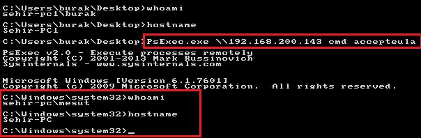 29: Hedef Bilgisayarn Yönetimsel Payla³mna Ula³lmas ³lem yaplan kullanc `whoami' komutu ile kontrol edildikten sonra `hostname' komutu ile i³lem yaplan bilgisayarn adna baklr.