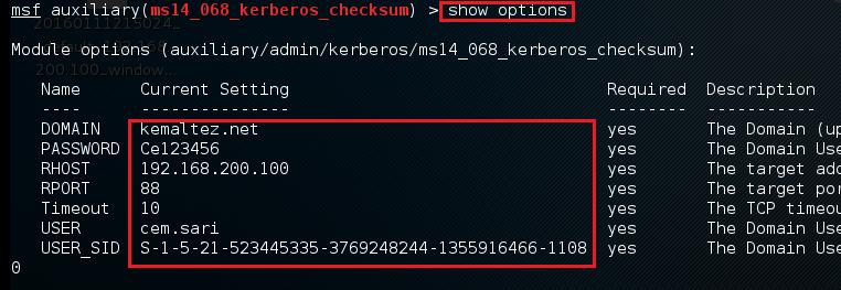 3: Ms14_068_Kerberos_Checksum Modülü ve Ayar Kontrolü Modül ayarlarndan görüldü ü üzere domain kullancsnn SID'i