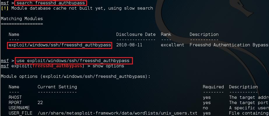 `use exploit/windows/ssh/freesshd_authbypass' komutu ile modüle girilir. ekil G.