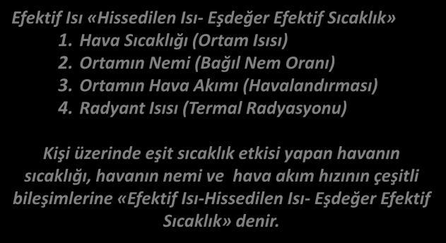 EFEKTİF ISIYI ETKİLEYEN FAKTÖRLER İNSAN-ORTAM ISI ALIŞVERİNİ ETKİLEYEN FAKTÖRLER Efektif Isı «Hissedilen Isı- Eşdeğer Efektif Sıcaklık» 1. Hava Sıcaklığı (Ortam Isısı) 2.