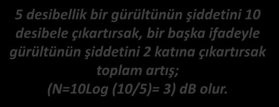 SESİN ŞİDDETİ Sesin Şiddeti 5 desibellik bir gürültünün şiddetini 10 desibele çıkartırsak, bir