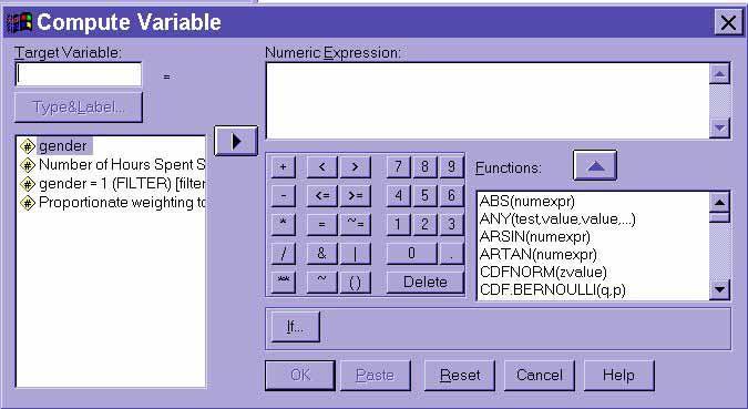 SPSS te Veri Dönüşümü Compute Variable a gidince çıkan pencerede Target Variable alanına yeni oluşturulacak değişkenin adı tanımlanır.