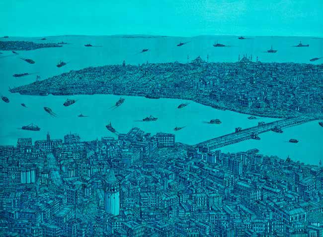 İstanbul Şiiri, Turkuaz Istanbul Poem, Turquoise Tuval üzerine