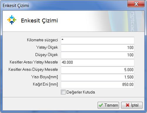 3) Açılan Enkesit Çizimi penceresinden Kesitler Arası Mesafe 40m