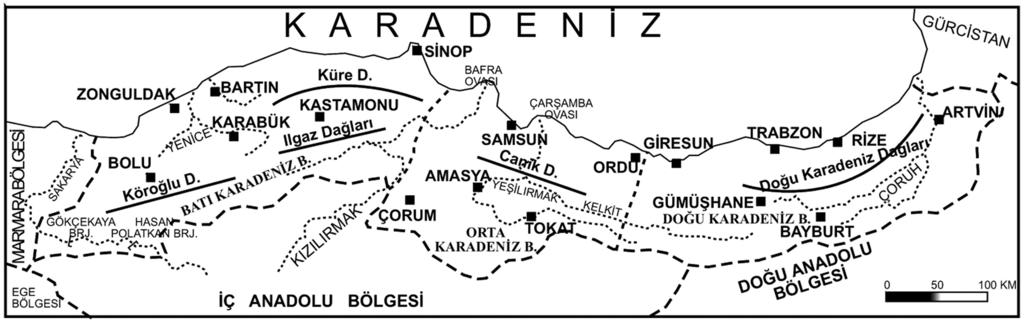 EVRENSEL İLETİŞİM Yayınları KARADENİZ BÖLGESİ COĞRAFİ KONUMU İsmini Karadeniz den alan bölge, Sakarya Ovası nın doğusundan, Gürcistan sınırına kadar uzanır.