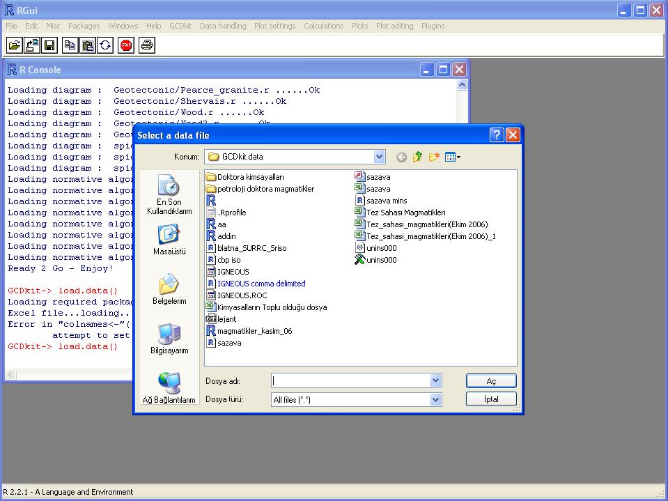 Şekil 3: GCDkit menüsünden Load Data File tıklandığında kimyasal analiz verilerinin olduğu Excel dosyasının yükleneceği yeri soran karşılama ekranı.