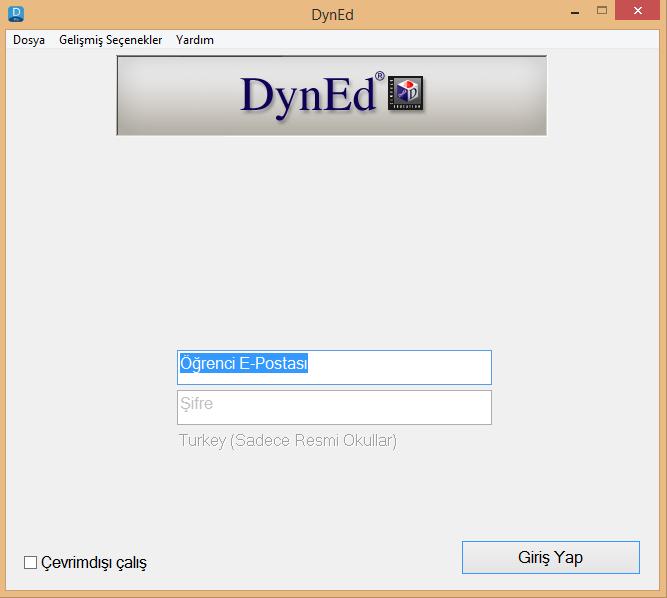 DynEd Programını Çalıştırma - Öğrenci -2 Yandaki gibi DynEd giriş yapma penceresi açılmış olacak.