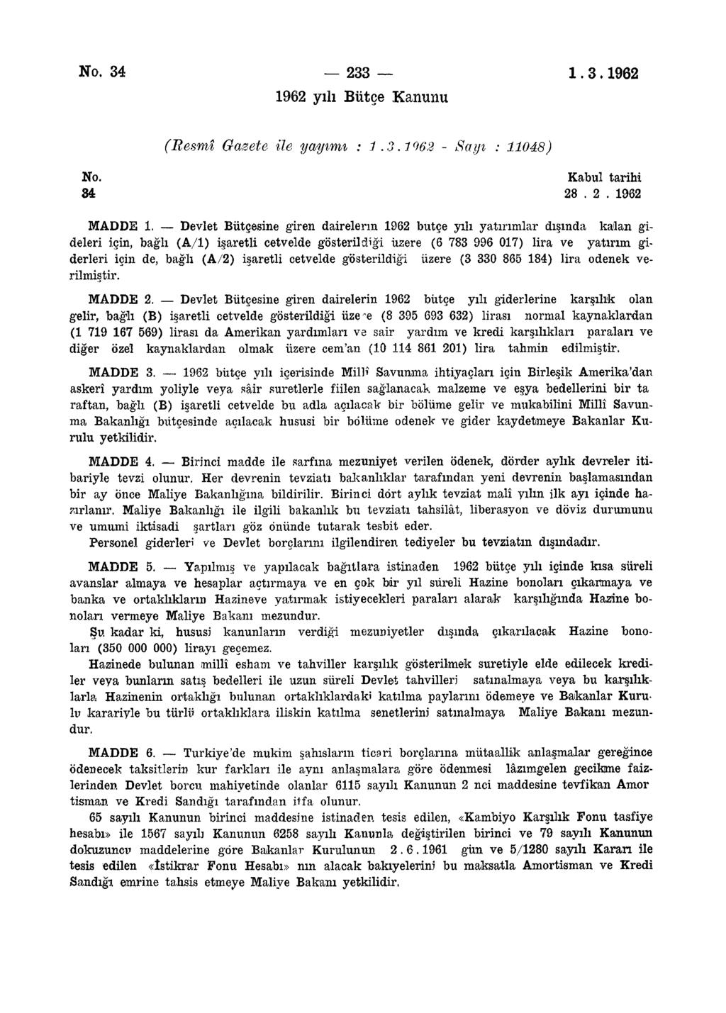 No. 34 233.3.962 962 yılı Bütçe Kanunu (Resmî Gazete ile yayımı :.3.962 - Sayı : 048) No. 84 Kabul tarihi 28. 2. 962 MADDE.