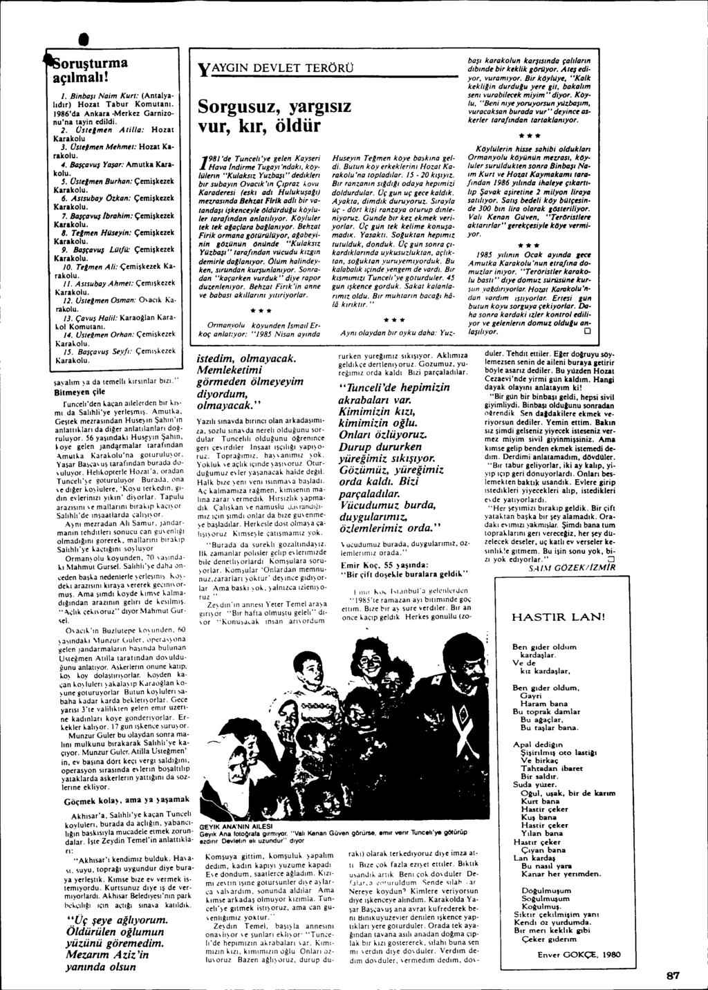 oru~turma açllmab! /. Binba$' Naim Kur/: (AntalyalidIr) Hozat Tabur KomutaOl. 1986'da Ankara.Merkez Garnizonu'na tayin edudi. 2. Osttlmen AliI/a: Hozat Karakolu J. Os/elmen Mehmet: Hozat Karakolu. 4.