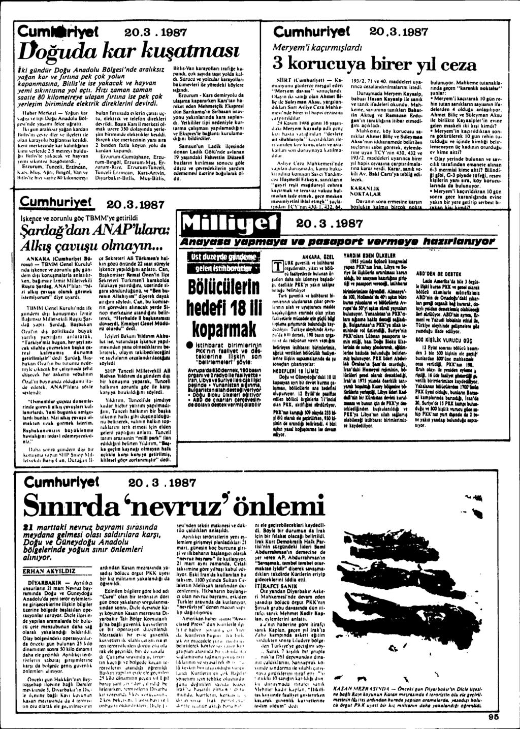 Cumill Myel 20.3.1987 VogiuJa kar kwiatmasl iki gandar Dolu Anadolu BlJlgesi'nde arallkslz liillos,vln kariyalll" trafij. ka. Ya"an kar ve '/Ttlna pek çok )'olun pa"d,. eok say,dll&$l1 yolda kai. ".