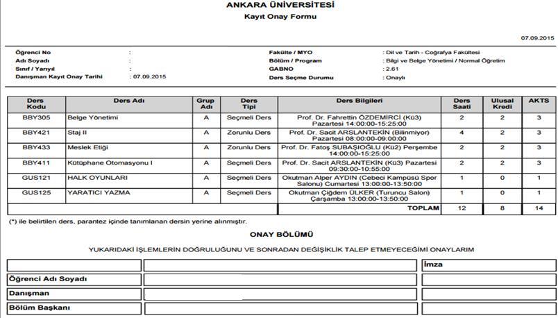 KAYIT ONAY RAPORU Danışman ders kayıt onayını yaptığı öğrenciye ait