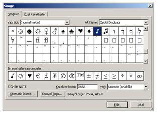 Özel Karakter, Simge Eklemek Çeşitli yazı tiplerinin sağladığı simgeler Ekle-Simge... menüsünden eklenir.
