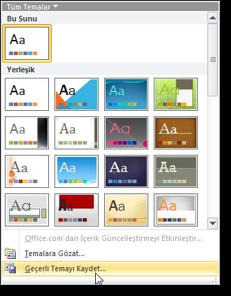 Üzerinde renk, yazı tipi gibi düzenlerinde değişiklik yapılan veya özel renk ve yazı tipi düzeniyle hazırlanan bir PowerPoint teması şablon olarak kaydedilebilir ve bu daha sonra başka bir sunuda
