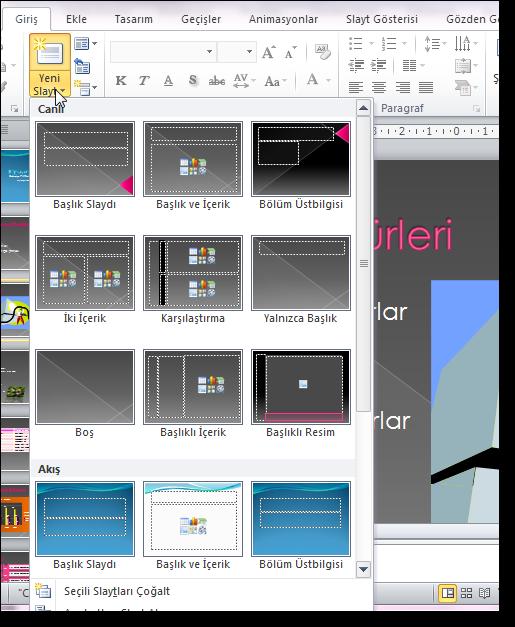 1. Normal görünümde, Anahat ve Slaytlar sekmelerinin bulunduğu bölmede Slaytlar sekmesi seçilir ve yeni slayt eklenmek istenen yerdeki slaytın küçük resim görüntüsünün altı tıklatır.
