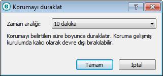 Korumayı duraklat - Dosya, web ve e-posta iletişimlerini denetleyerek kötü amaçlı sistem saldırılarına karşı koruma sağlayan Antivirus ve antispyware koruması öğesini devre dışı bırakan onay iletişim