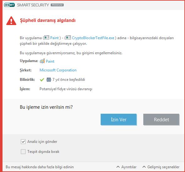 4.1.4.3 Potansiyel fidye virüsü davranışı algılandı Potansiyel ransomware davranışı algılandığında bu interaktif pencere görüntülenir.