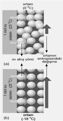 (a) Isı, sıcak ortama (0 o C) aktığı zaman entropideki artış oldukça küçük olur. (b)ortam soğuk (-18 o C) olduğunda ise, ortamın entropisinde daha büyük artışa neden olur.