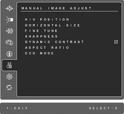 Kontrol Açıklaması Manuel Image Adjust (Manuel Görüntü Ayarı) Manuel Görüntü Ayar menüsünü gösterir. H./V. Position (Yatay/Dikey Konum) ekran görüntüsünü sola, sağa ve yukarı, aşağı kaydırır. H. Size (Yatay Boyut) ekran görüntüsünün genişliğini ayarlar.