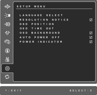 Kontrol Açıklamas Setup menu (Ayar menüsü) kontrolleri aşağıda açıklanmıştır: Language Select (Dil seçimi) Kullanıcının menülerde ve kontrol ekranlarında kullanılan dili seçmesine olanak sağlar.