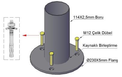 Oyun grubu kurulumu terazisinde kurulduktan sonra boru üzerinde bulunan flanģlar üzerindeki deliklerden 3 adet M12 çelik dübel ile zemine sabitlenmelidir.