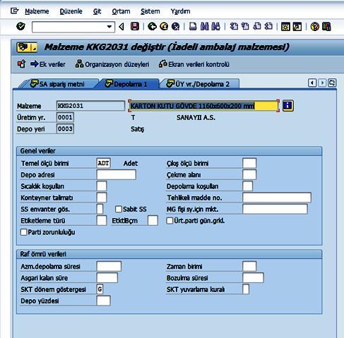Ekran 47: Malzeme Veri Giriş Ekranı 1 Yukarıdaki ekran bir stok kartı örneğidir.