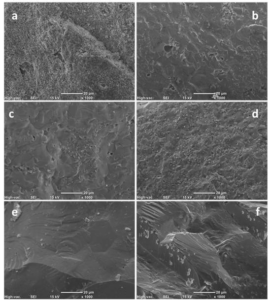 Şekil 7. Sinterleme sıcaklığına bağlı olarak malzemelerin SEM fotoğrafları: a) HA-%2.5ZnO - 1100 o C, b) HA- %2.5ZnO - 1300 o C, c) CPT-%2.5ZnO - 1100 o C, d) CPT-%2.5ZnO - 1300 o C, e) HA-%2.