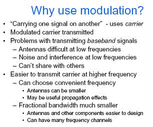 Modulation Carrier: Acos(2πfct+φ) where fc is called carrier frequency Modulation: change or modify values of A, fc, φ according to input signal m(t) - modify A