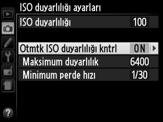 Açık seçildiğinde, kullanıcı tarafından seçilen değerde optimal pozlama elde edilemezse ISO duyarlılığı otomatik olarak ayarlanır (ISO duyarlılığı flaş kullanıldığında uygun şekilde ayarlanır).