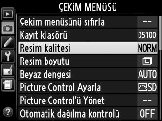 3 Bir dosya türü seçin. Bir seçeneği vurgulayın ve J düğmesine basın. Çekim moduna geri dönmek için, deklanşöre yarım basın.