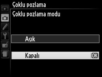 Çoklu Pozlamayı Durdurma Belirlenen sayıda poz çekilmeden önce çoklu pozlamayı sonlandırmak için çekim menüsünde Çoklu pozlama > Çoklu pozlama modu için Kapalı öğesini seçin.