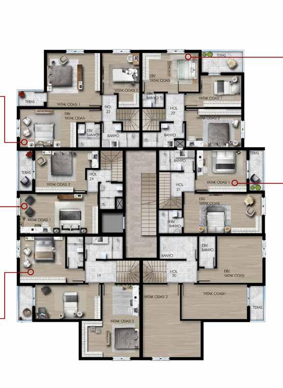 A-B BLOK ÇATI KATI PLANI DAİRE 23 (ÜST KAT) 3+1 Normal Daire EBEVEYN YATAK O. 15.10 m² EBEVEYN BANYO 3.20 m² YATAK ODASI 1 17.60 m² YATAK ODASI 2 11.20 m² BANYO 4.80 m² HOL 2.40 m² TERAS 2.