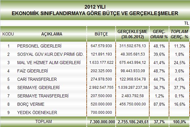 Tablo 3: 2012 Yılı Bütçe Başlangıç Ödenekleri, İlk Altı Aylık