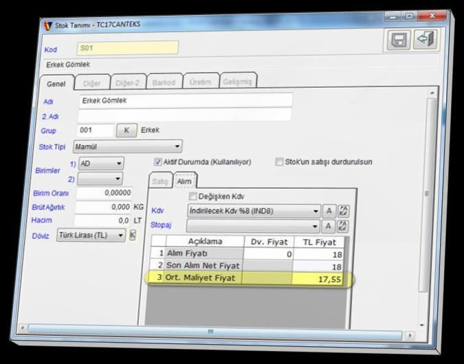 hesaplanarak Stok Tanım ekranında Alım sekmesi altındaki Ort.Maliyet Fiyat hanesine yazılır.
