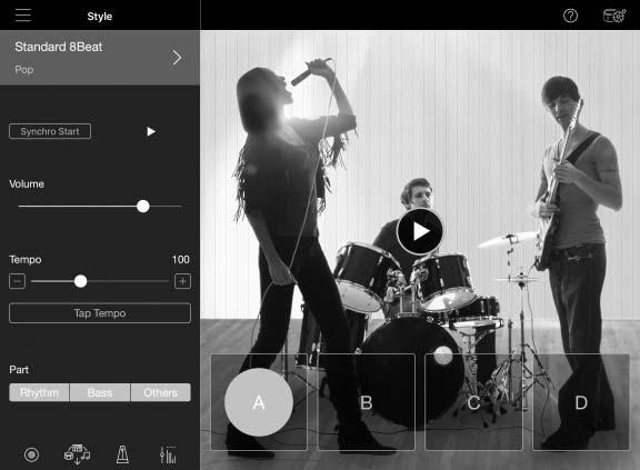 Style (Tarz) Menüsü Uygulama, çeşitli müzik türlerinde (Tarzlar denen) pek çok eşlik ve ritim kalıbı sunar.