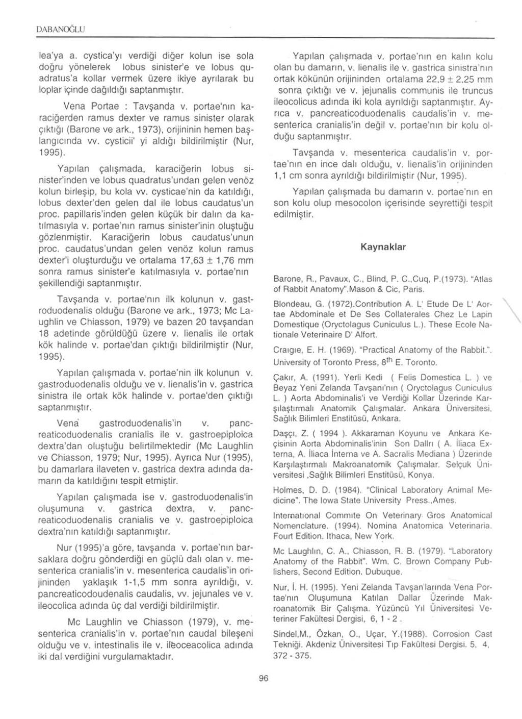 DARANOCiLU lea'ya a. cyslica'yl verdiqi diqer kolun ise sola do{jru yonelerek lobus sinister'e ve lobus quo adratus'a kollar vermek Ozere ikiya ayrllarak bu loplar ic;:inde daqlldlqi saptanml~hr.