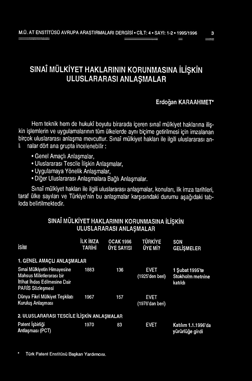 Smai mulkiyet haklan ile ilgili uluslararas1 anla$malar d6rt ana grupta incelenebilir : Genel Ama9l1 Anla$malar, Uluslararas1 Tescile ili$kin Anla$malar, Uygulamaya Yonelik Anla$malar, Diger