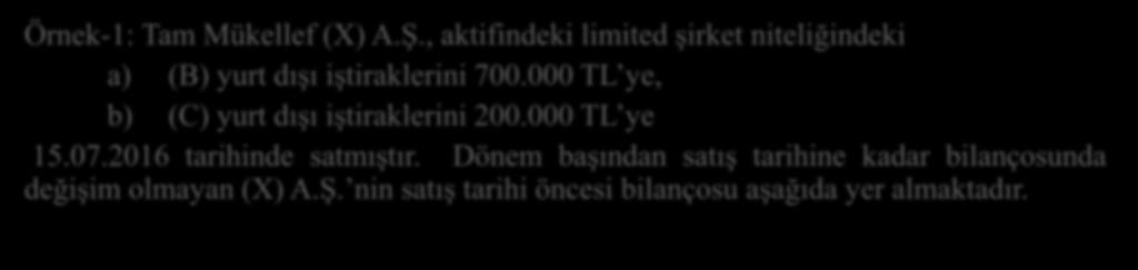 Yurt Dışı İştirak Hissesi Satış Kazancı İstisnası-Örnek Örnek-1: Tam Mükellef (X) A.Ş., aktifindeki limited şirket niteliğindeki a) (B) yurt dışı iştiraklerini 700.