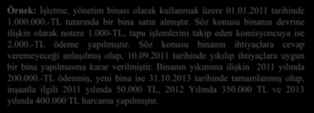 GAYRİMENKULLERDE MALİYET BEDELİNİN TESPİTİ (Madde 270) (3) Örnek: İşletme, yönetim binası olarak kullanmak üzere 01.01.2011 tarihinde 1.000.000.-TL tutarında bir bina satın almıştır.